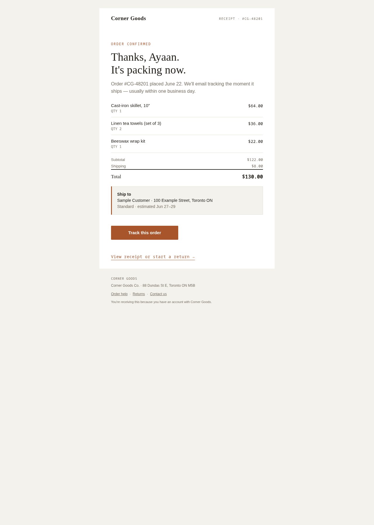 Cedar & Grain Transactional email preview · Order #CG-48201 confirmed