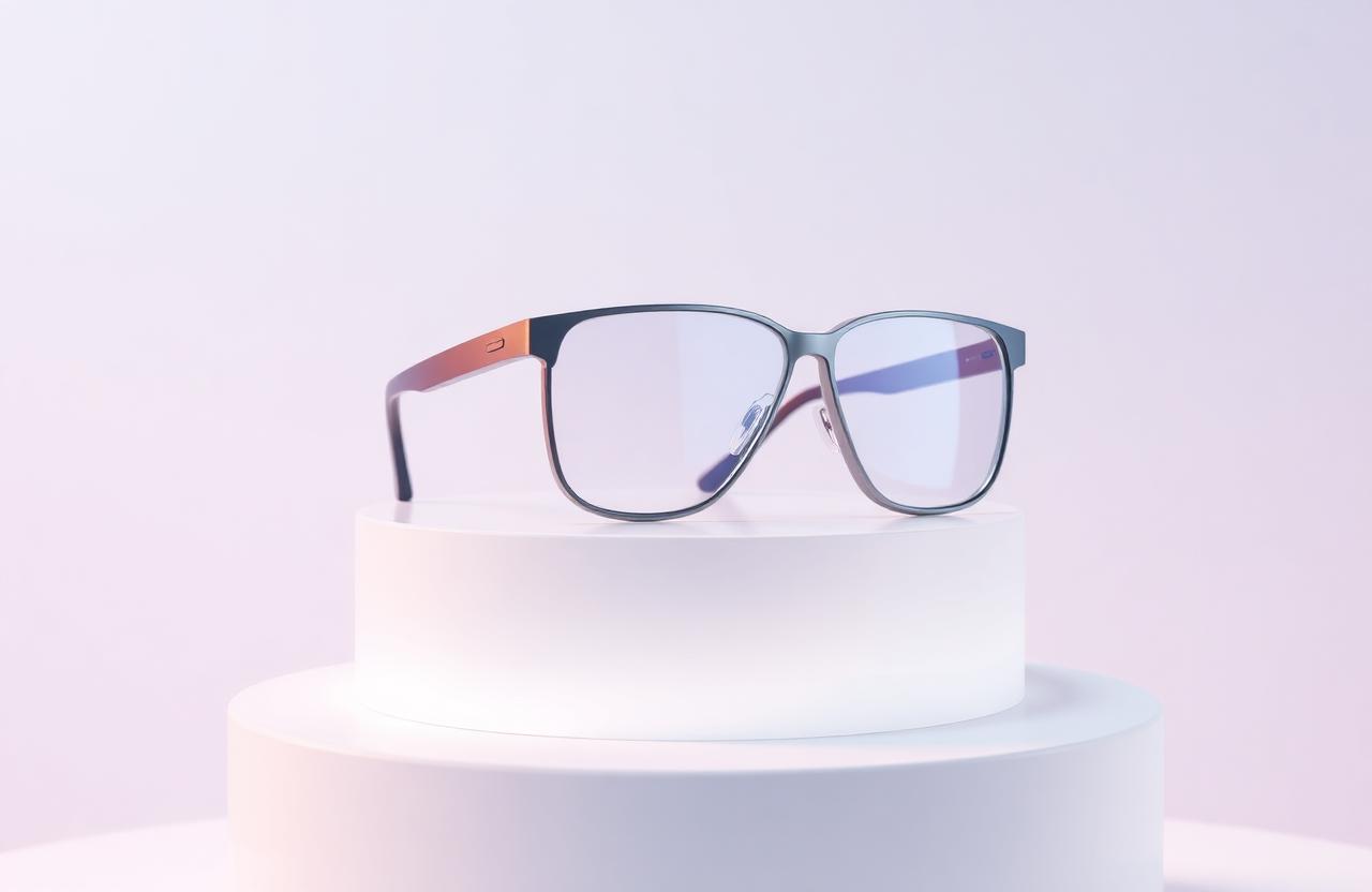 Sleek titanium smart glasses on a softly lit white pedestal with iridescent reflections on a pale silver gradient.