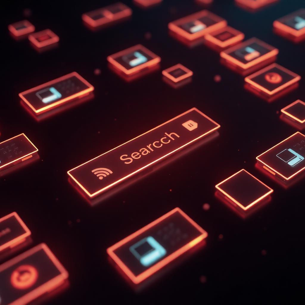 Abstract aerial of glowing futuristic search-result tiles floating above a dark surface.