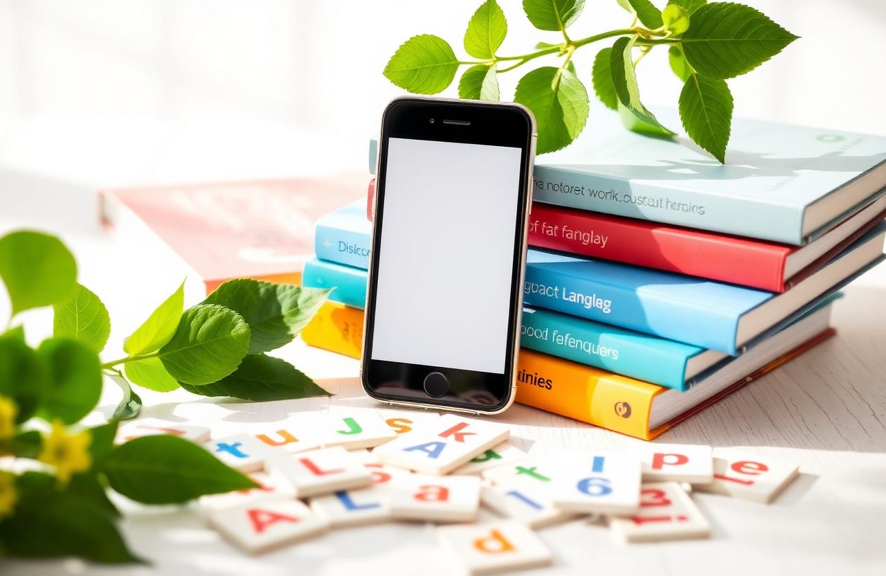 Smartphone propped against a stack of language workbooks with scattered colorful flashcards on a white wood desk.