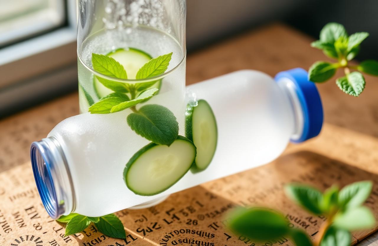 Frosted reusable glass bottle with fresh mint and cucumber slices on a recycled cork surface in soft daylight.