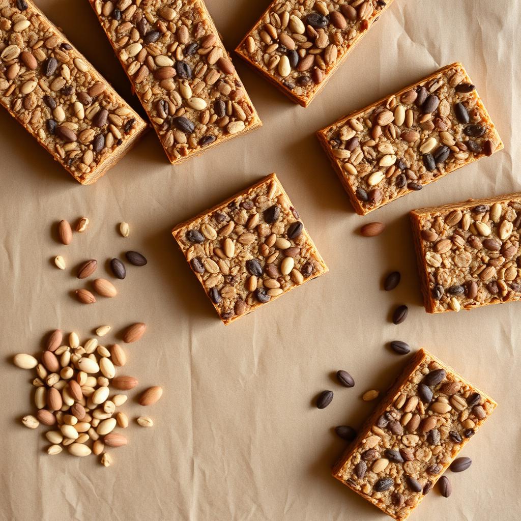 Overhead of artisan organic snack bars and scattered seeds on craft kraft paper.
