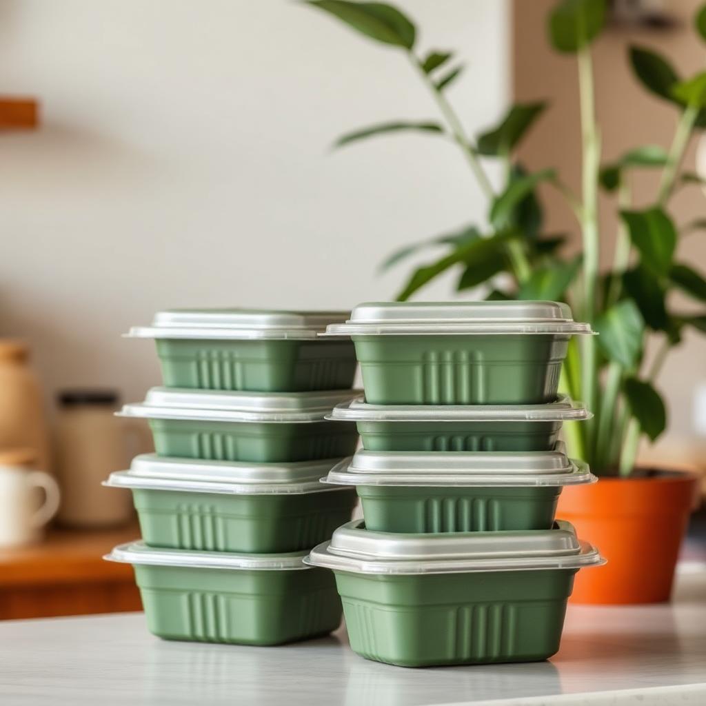Stack of reusable green takeout containers on a sustainable cafe counter beside a leafy plant.