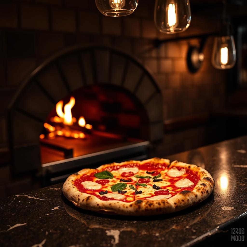 Wood-fired Neapolitan pizza on a dark stone counter with glowing flames from an oven behind.