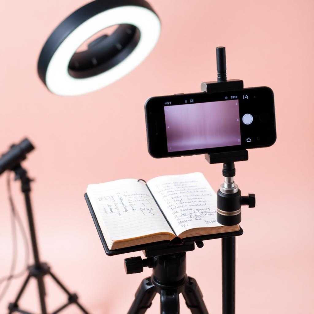 Creator studio setup with ring light, smartphone tripod and handwritten campaign notebook.
