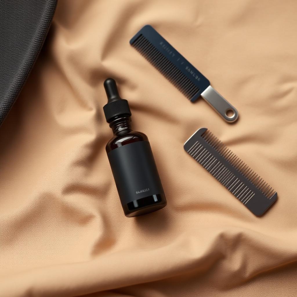 Minimal flat lay of mens grooming kit with razor, beard oil and steel comb on warm beige linen.
