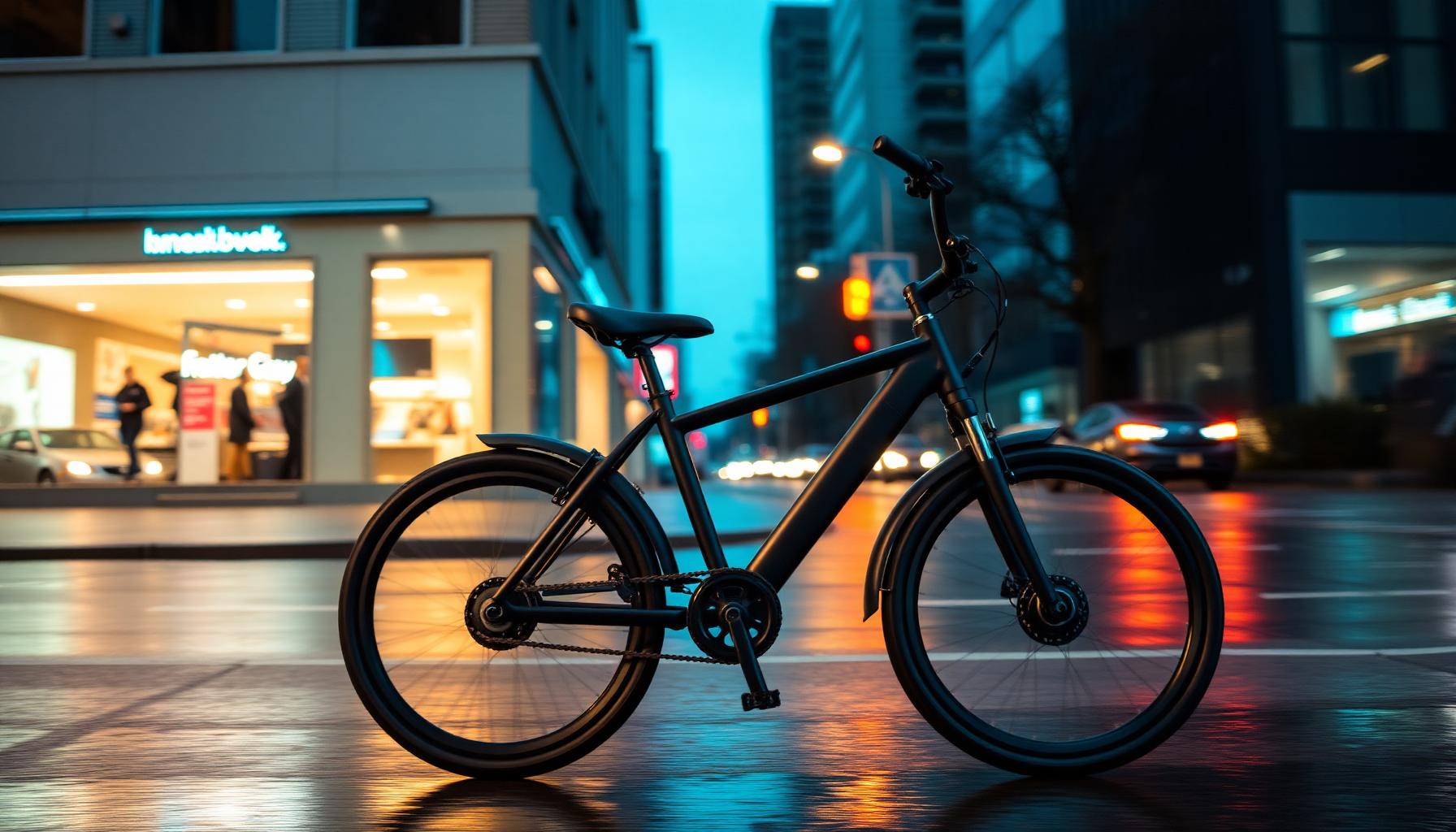Matte black commuter bike on a rain-slicked Toronto street at dusk.