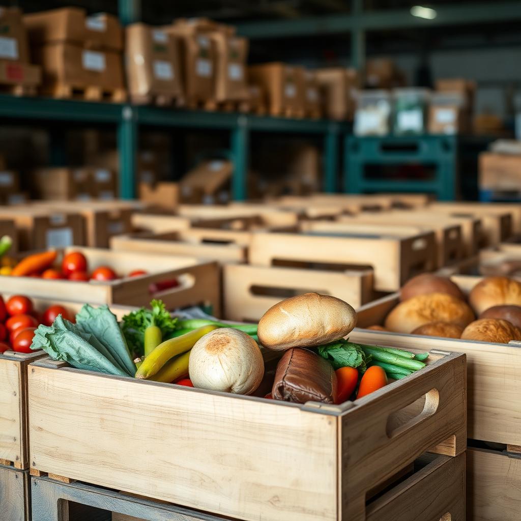 Wooden produce crates filled with fresh vegetables and bread in a community food bank warehouse.