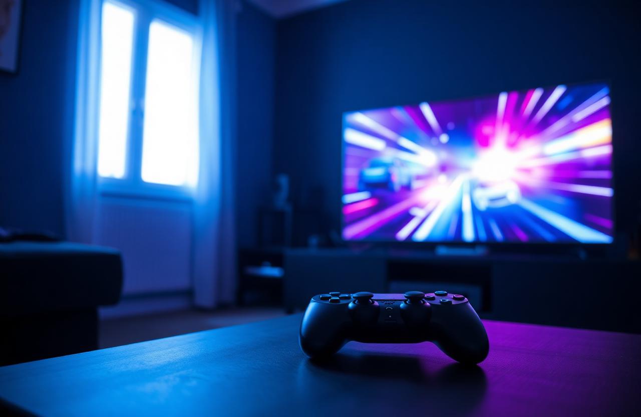 Cinematic dim room with PlayStation controller on a coffee table, TV glowing blue and magenta from a racing game.
