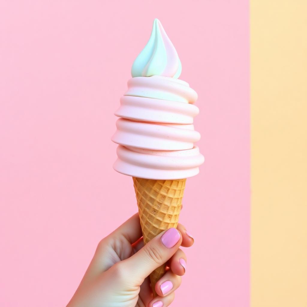 Hand holding a swirled pastel ice cream cone against a sunny pink and yellow wall.