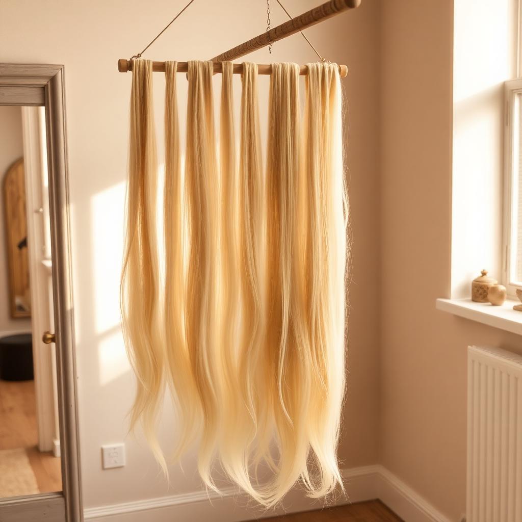 Soft beige salon interior with long flowing hair extensions hung in warm window light.