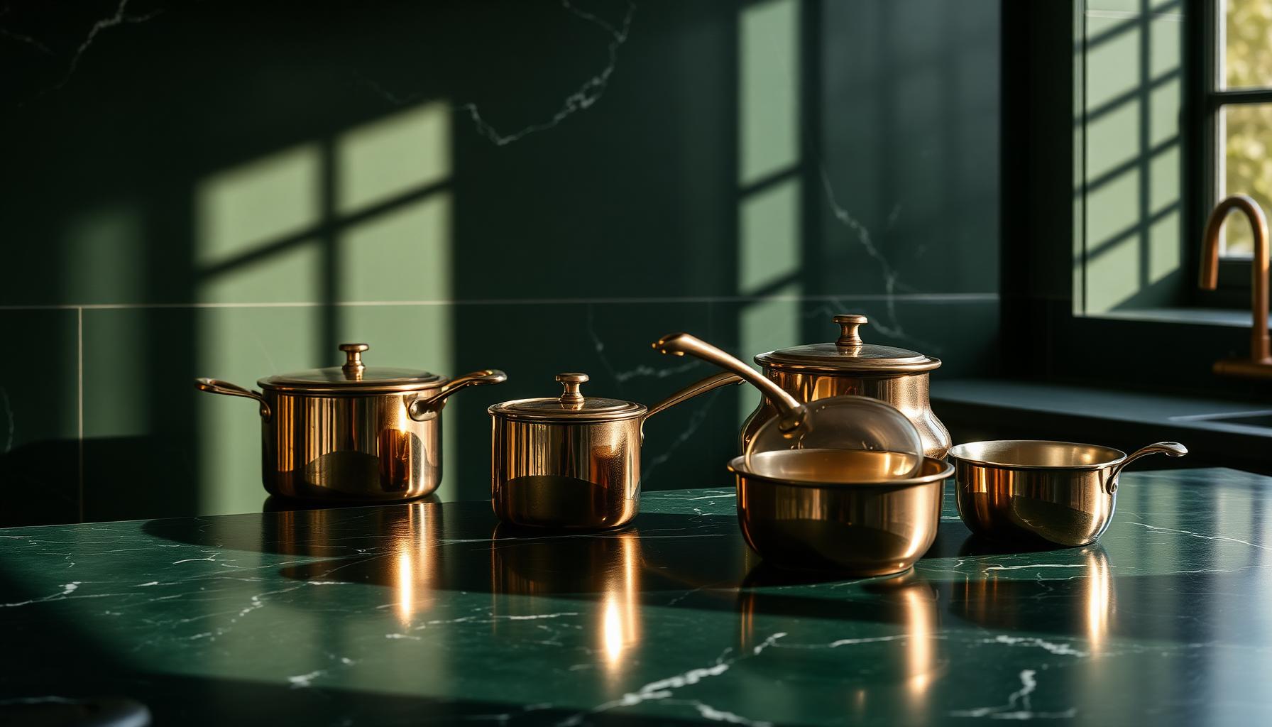Brass cookware on a deep forest-green marble counter in warm window light.