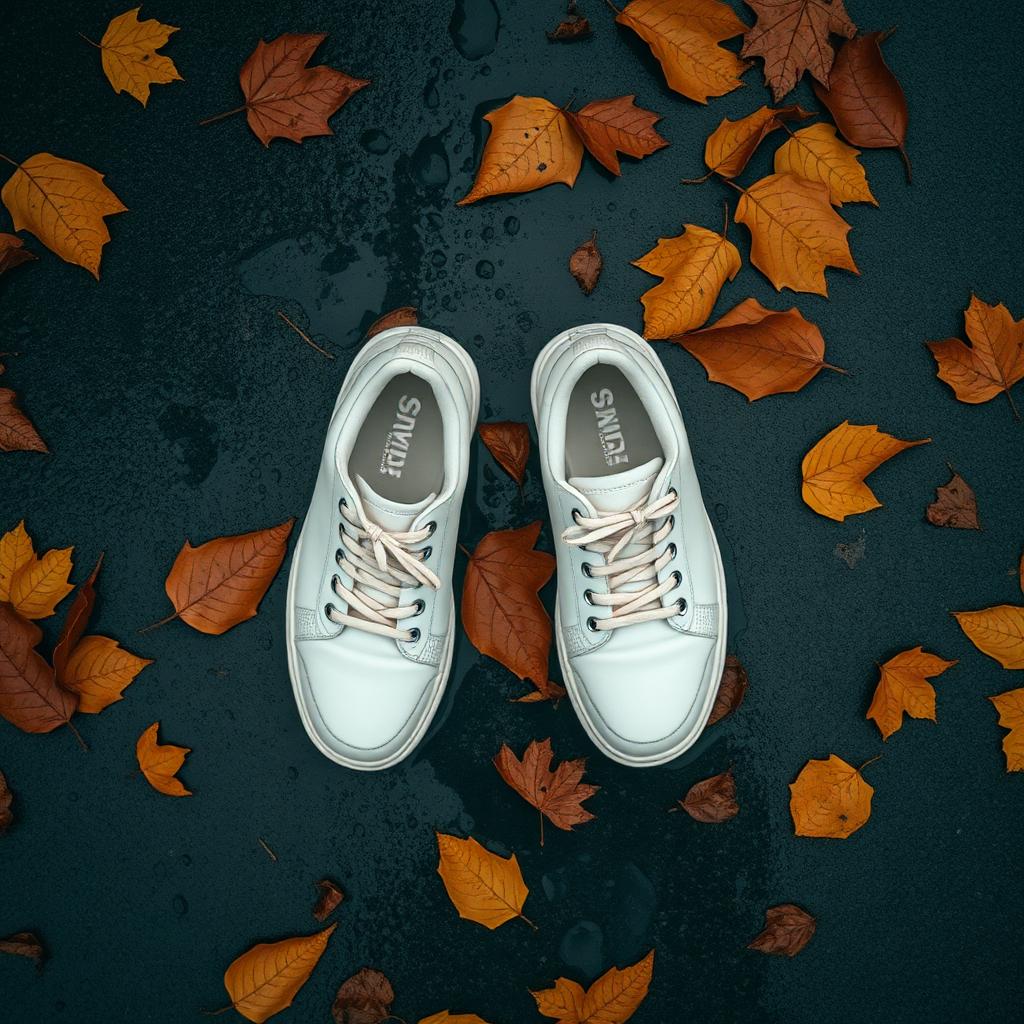 Pair of white waterproof sneakers on a wet Canadian sidewalk with a creator filming nearby, capturing rain-test content.