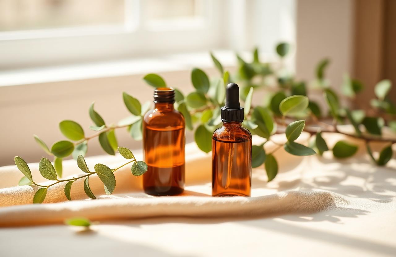 Amber glass apothecary bottles among eucalyptus leaves on warm beige linen in soft window light.